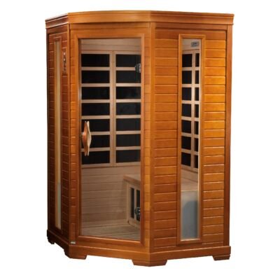 Angled exterior view of the Dynamic Heming corner infrared sauna in honey dark stain