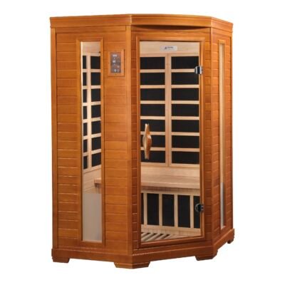 Angled exterior view of the Dynamic Heming corner infrared sauna in honey dark stain