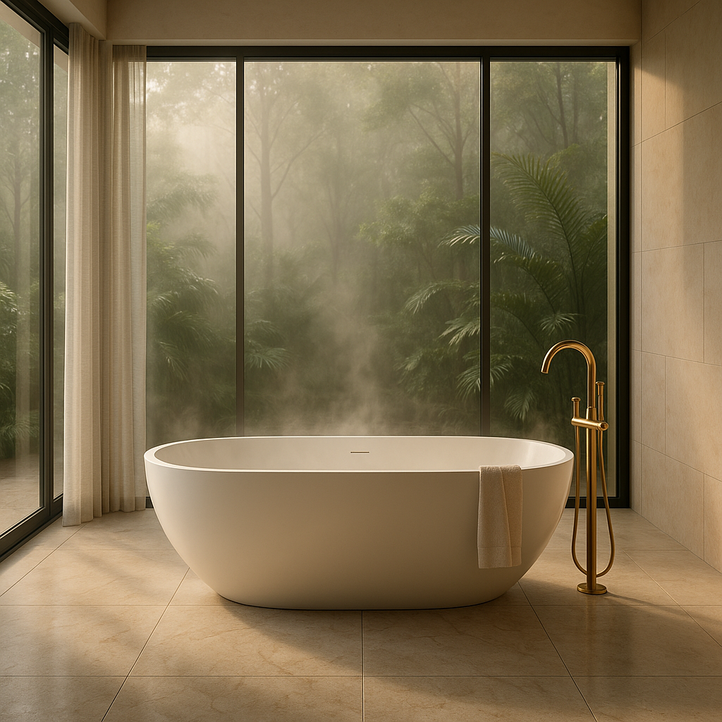 Modern freestanding bathtub in a serene spa-style bathroom with floor-to-ceiling windows overlooking misty forest greenery, a gold faucet, and soft natural light, showcasing Luxury Home Resort Products.