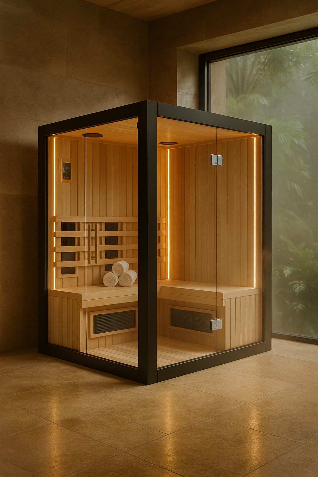 Modern wooden home sauna with gold hardware in a serene spa bathroom with misty tropical views.