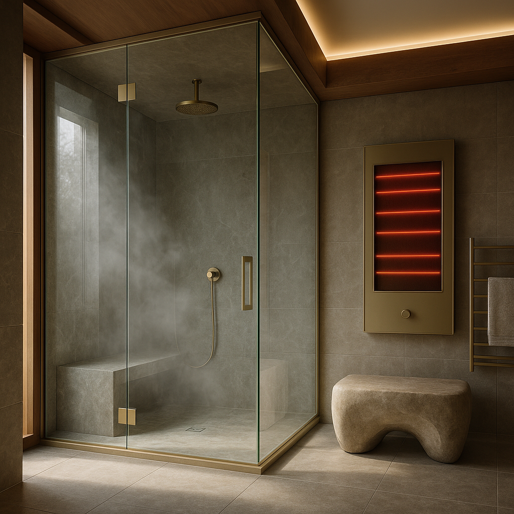 Ultra-luxury wellness bathroom featuring a glass-enclosed steam shower, integrated infrared heating panel, stone bench seating, and warm ambient lighting, showcasing refined Luxury Home Resort Products for elevated home spa design.