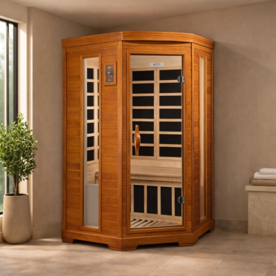 Dynamic Heming 2-person corner infrared sauna installed in a residential wellness room with Canadian Hemlock wood finish, glass door, and minimalist spa setting