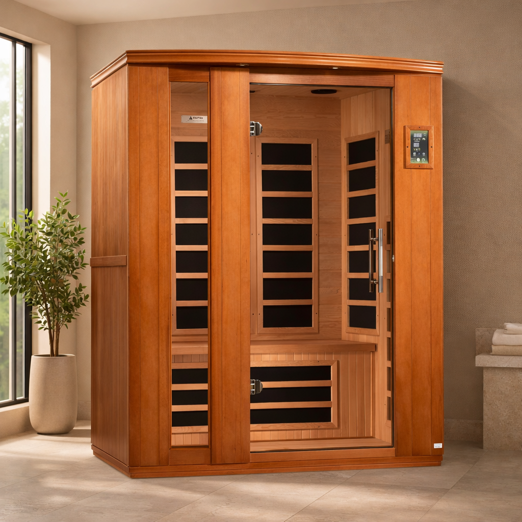Dynamic Lugano 3-person infrared sauna displayed in a modern home wellness room with Canadian Hemlock wood and glass door