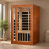 Dynamic Cordoba Elite 2-person ultra low EMF infrared sauna in a serene residential wellness room with natural light and minimalist décor