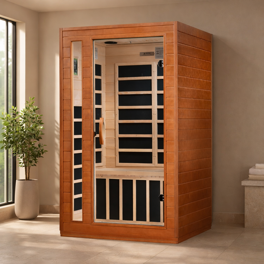 Dynamic Cordoba Elite 2-person ultra low EMF infrared sauna in a serene residential wellness room with natural light and minimalist décor