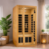 Two-person infrared sauna in a modern living space with Canadian Hemlock wood interior and glass door.