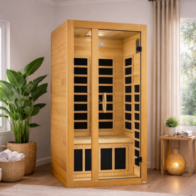 Two-person infrared sauna in a modern living space with Canadian Hemlock wood interior and glass door.
