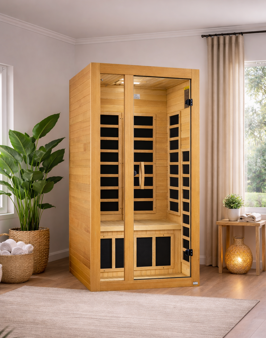 Two-person infrared sauna in a modern living space with Canadian Hemlock wood interior and glass door.