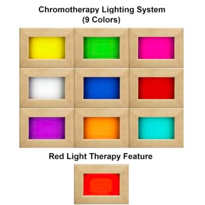 Chromotherapy lighting system with nine color options and integrated red light feature inside an infrared saun