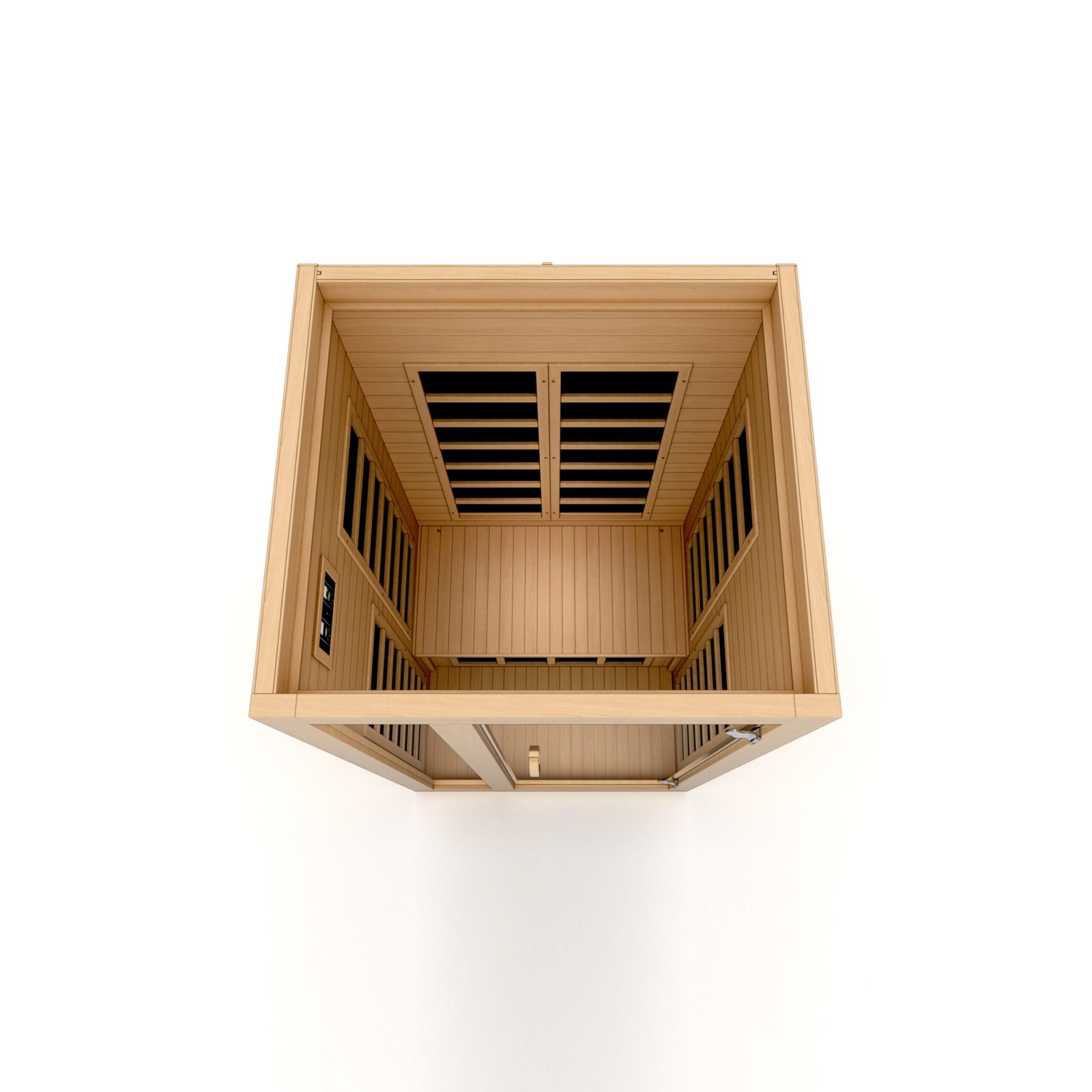 Interior view of the Dynamic Gracia infrared sauna showing bench seating and FAR infrared heating panels