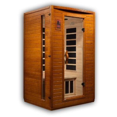 Angled exterior view of the Dynamic Versailles 2-person infrared sauna highlighting its refined residential footprint