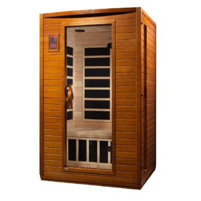 Angled exterior view of the Dynamic Versailles 2-person infrared sauna highlighting its refined residential footprint