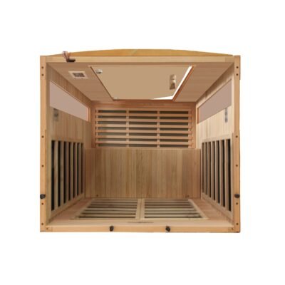 Interior view of the Dynamic Versailles infrared sauna showing two-person bench seating and FAR infrared panels