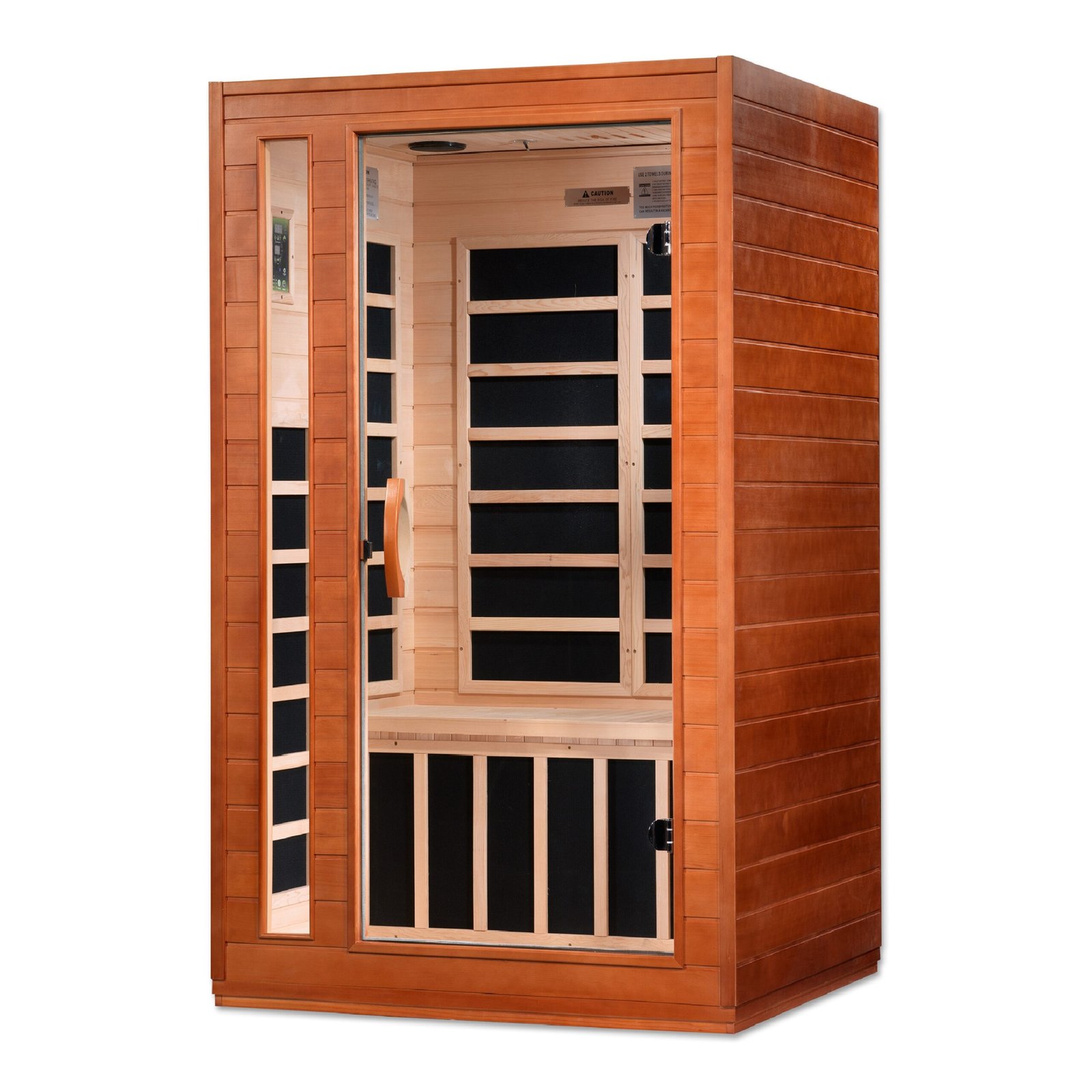 Angled exterior view of the Dynamic Cordoba Elite infrared sauna highlighting its refined residential design