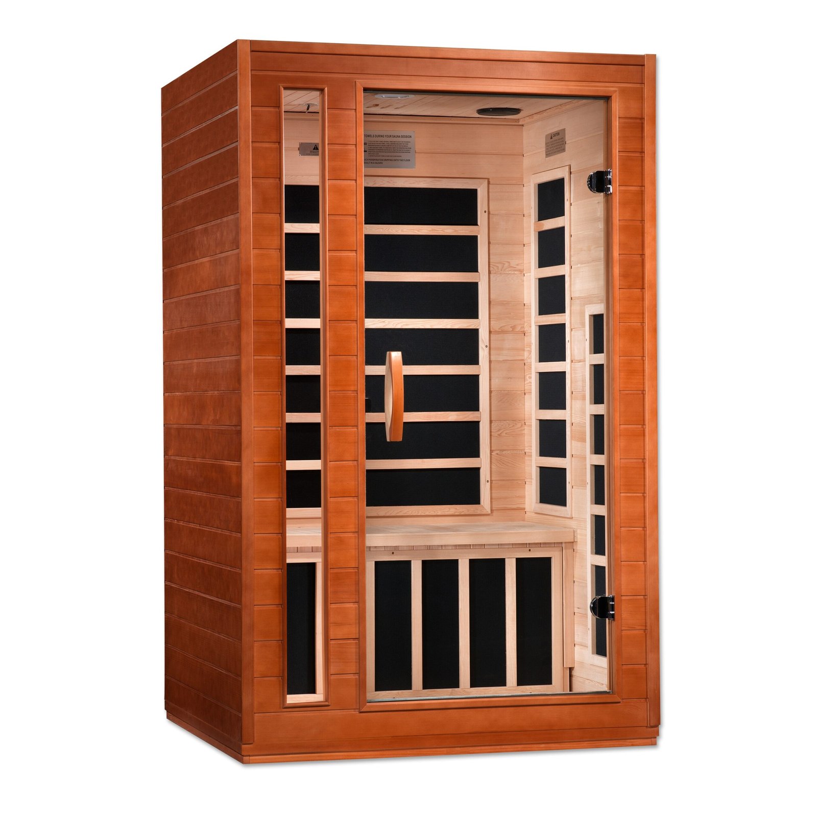 Angled exterior view of the Dynamic Cordoba Elite infrared sauna highlighting its refined residential design