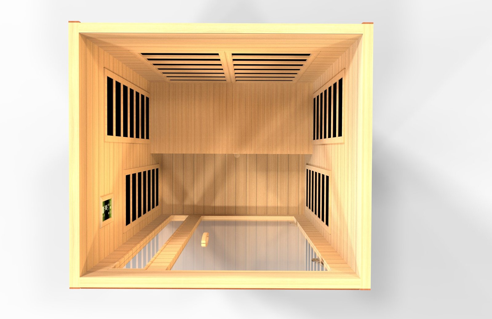 Interior view of the Dynamic Cordoba Elite infrared sauna showing two-person bench seating and FAR infrared panels