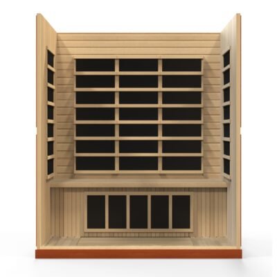Spacious four-person infrared sauna with glass door and wood interior