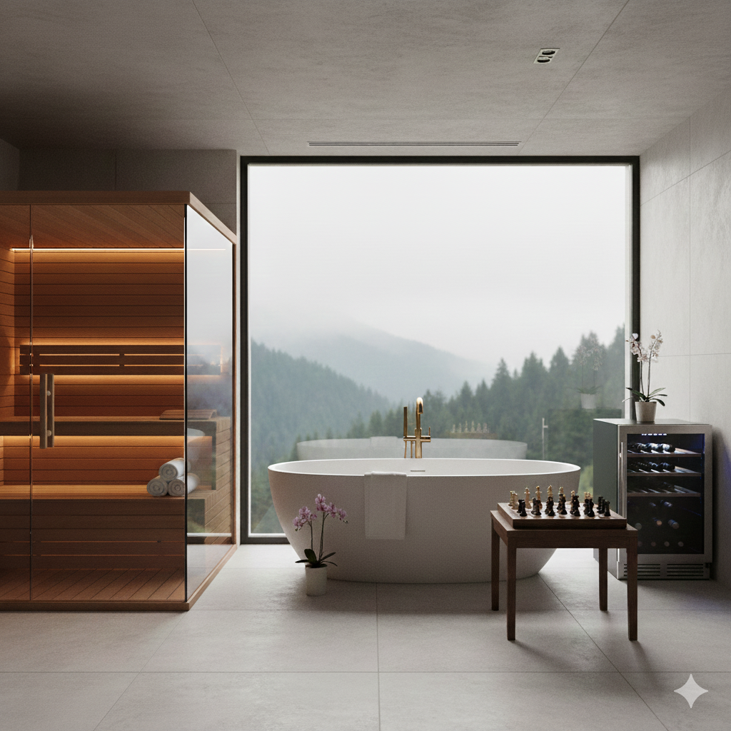 Luxury Home Resort Products features a freestanding bathtub, glass sauna, panoramic mountain view, and refined furnishings, highlighting Luxury Home Resort Products in a serene retreat setting.