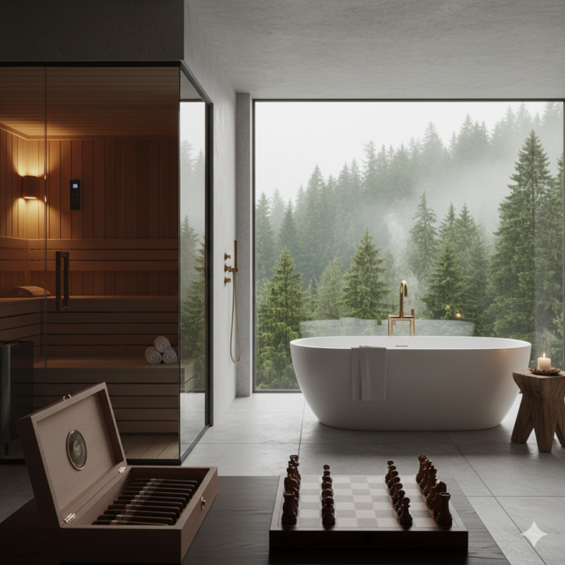 Luxurious modern bathroom interior with glass sauna, freestanding tub overlooking foggy mountain forest, and leisure items like a chessboard