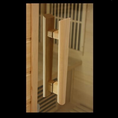 Natural Canadian hemlock sauna door handle mounted on clear tempered glass panel