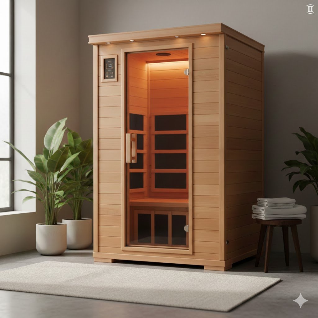 "Luxury indoor infrared sauna with natural wood finish and glass door, set in a modern home wellness room with soft lighting."