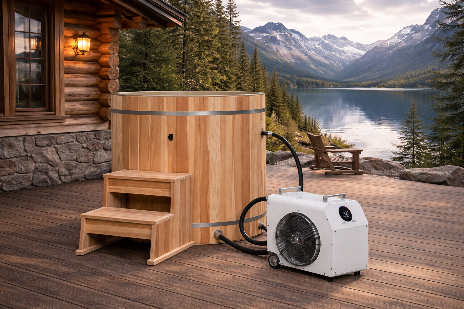 cold plunge tub with chiller in mountain lake settings