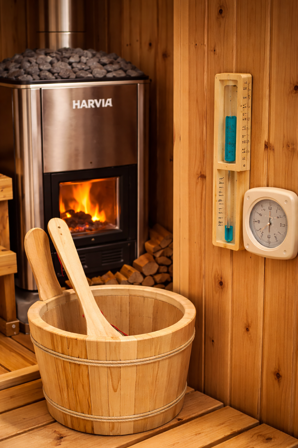 sauna accessories and stove inside sauna