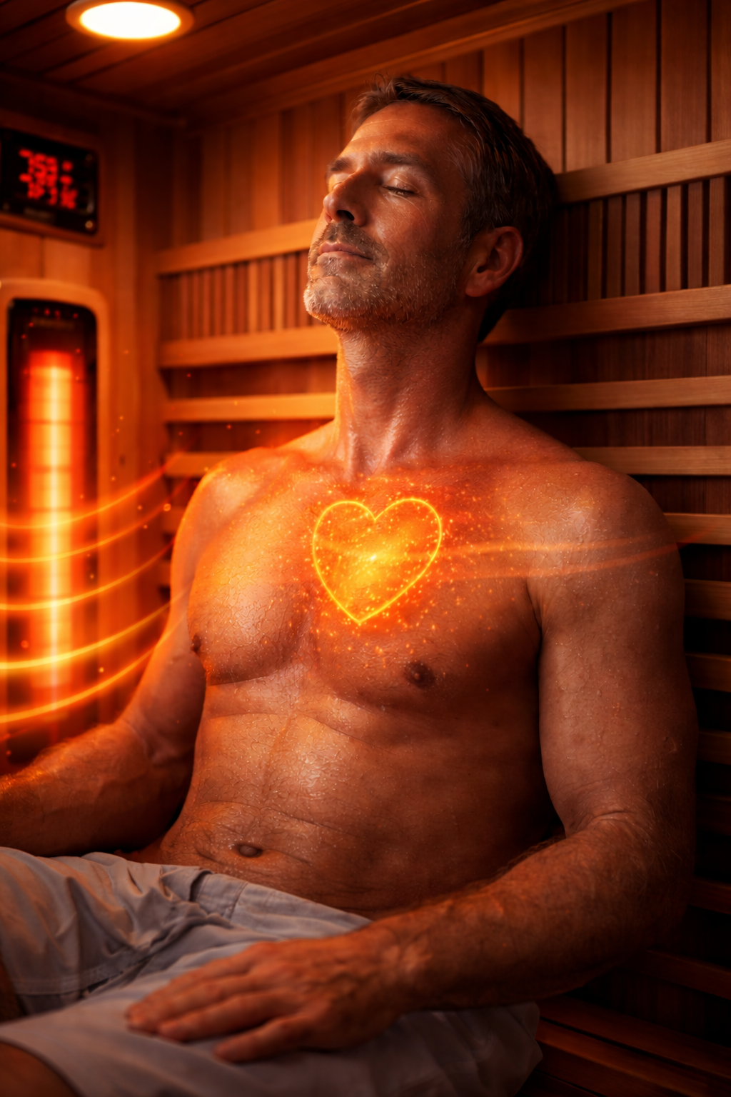 Modern infrared sauna interior with glowing seated figure and visible red heater panel, showing radiant heat waves and warm cedar wood.