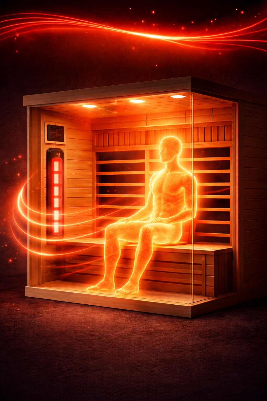 Modern infrared sauna interior with glowing seated figure and visible red heater panel, showing radiant heat waves and warm cedar wood.