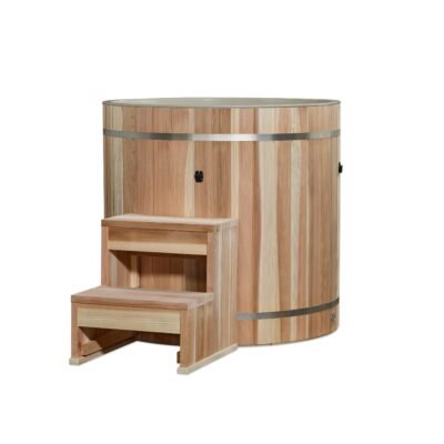 Cedar barrel spa front view with Pacific cedar exterior