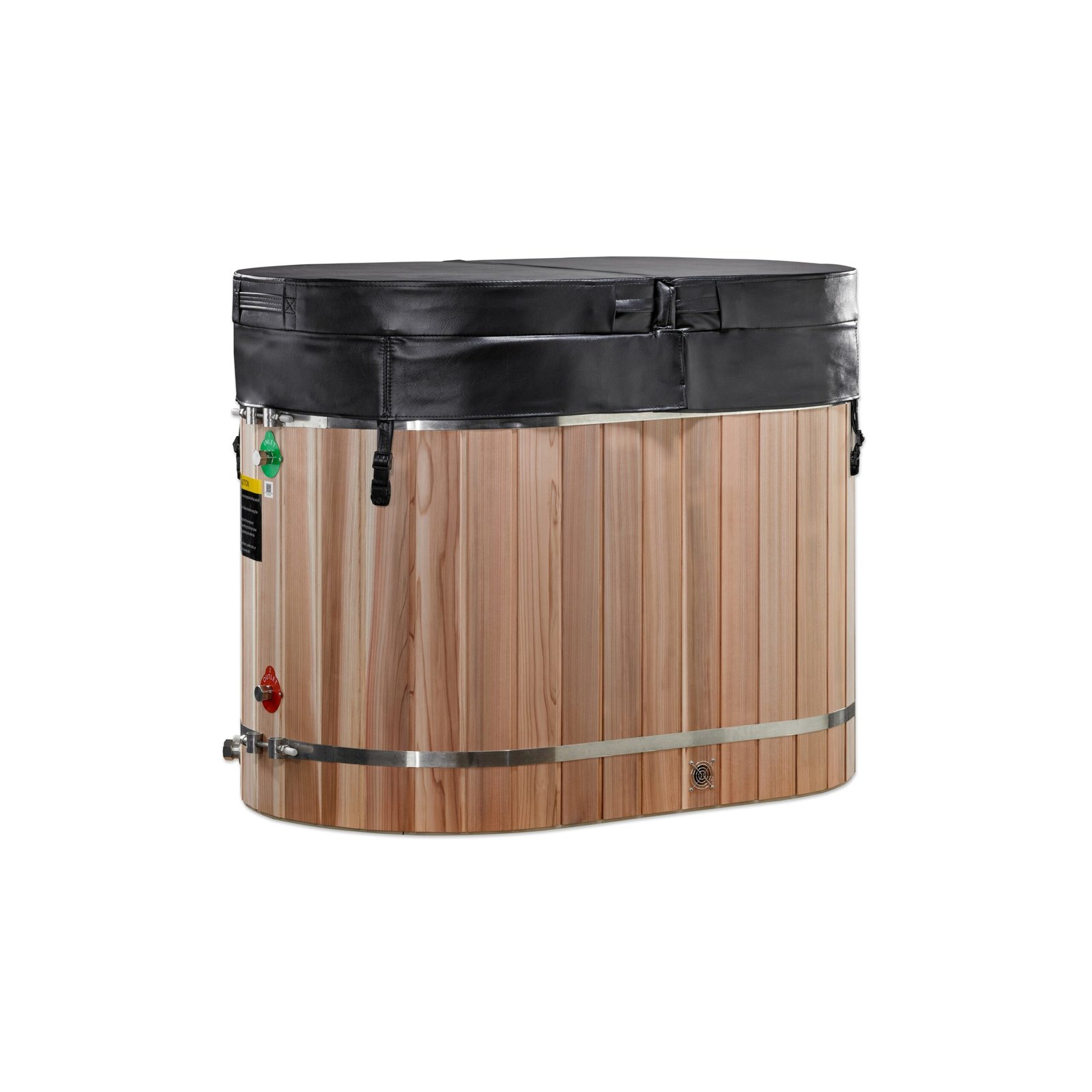 Pacific Cedar Oval Barrel tub cold plunge, front angle view with cedar exterior