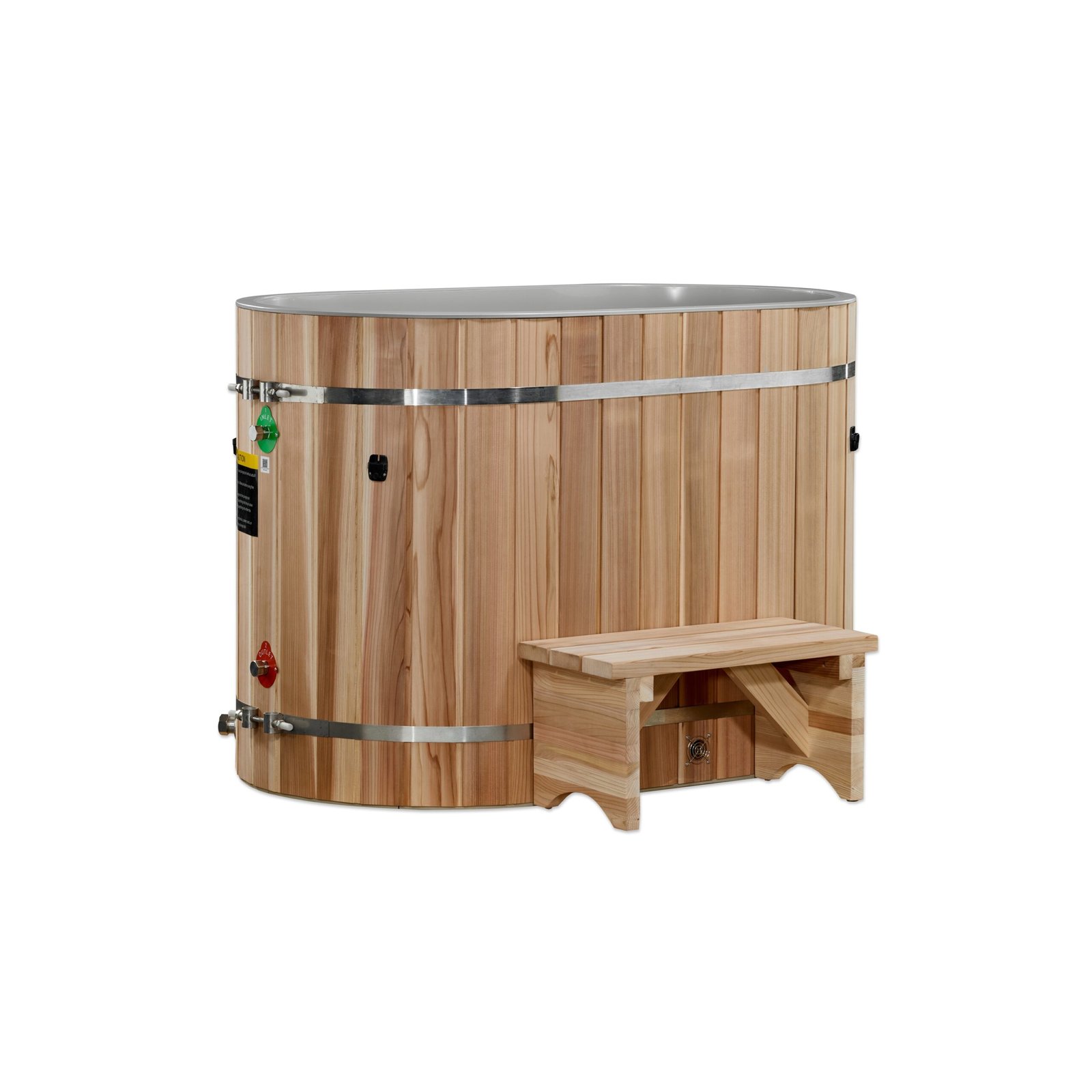 Pacific Cedar Oval Barrel tub cold plunge, front angle view with cedar exterior
