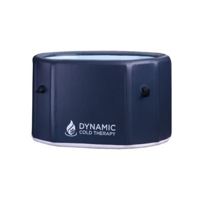 Dynamic Cold Therapy inflatable oval cold plunge tub, navy finish, oval shape, with side handles and front logo.