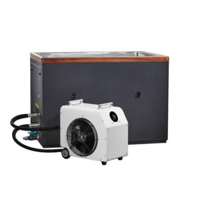 Cold plunge tub connected to external chiller with insulated hoses and secure fittings