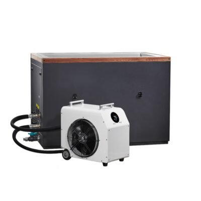 Optional cold plunge chiller paired with standard cold plunge tub, showing hose routing and connection points.