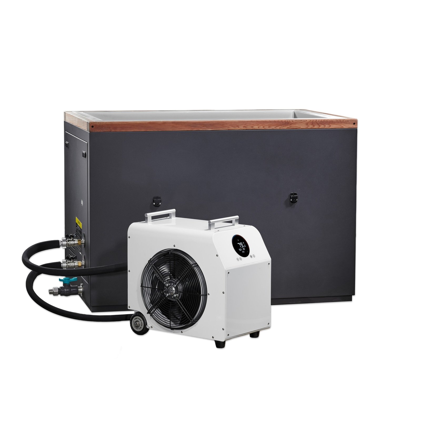 Optional cold plunge chiller paired with standard cold plunge tub, showing hose routing and connection points.