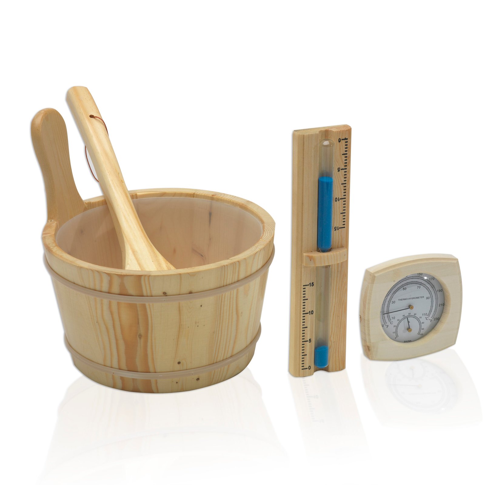 Traditional sauna accessory kit with wooden bucket, ladle, and sandglass timer for sauna sessions.