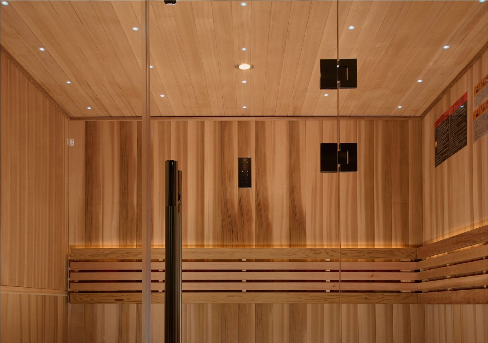 Copenhagen sauna Canadian Red Cedar interior seating for three