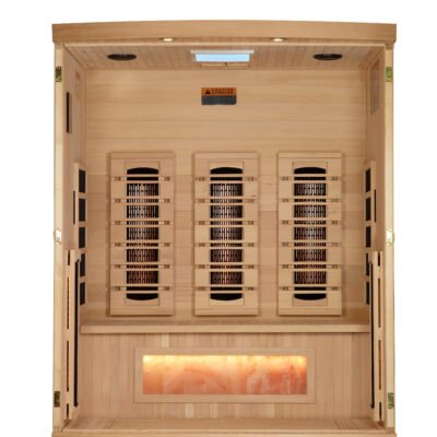 3-person infrared sauna interior by Golden Designs with Himalayan salt feature