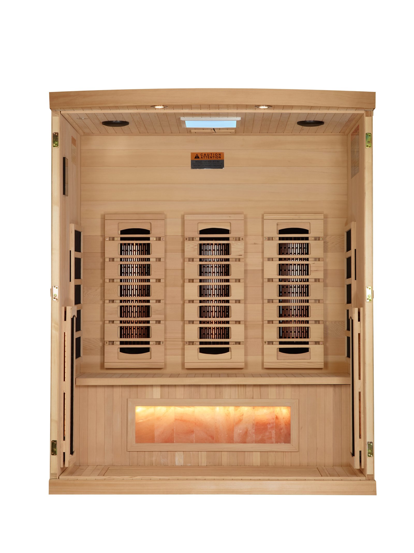 3-person infrared sauna interior by Golden Designs with Himalayan salt feature