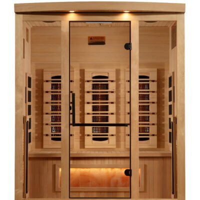 3 person infrared sauna exterior view in natural Canadian Hemlock wood