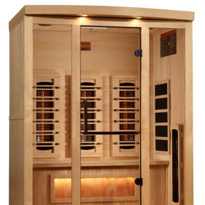 3 person infrared sauna exterior view in natural Canadian Hemlock wood