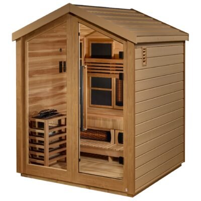 Loviisa hybrid sauna exterior with all-weather finish and barn-style roof