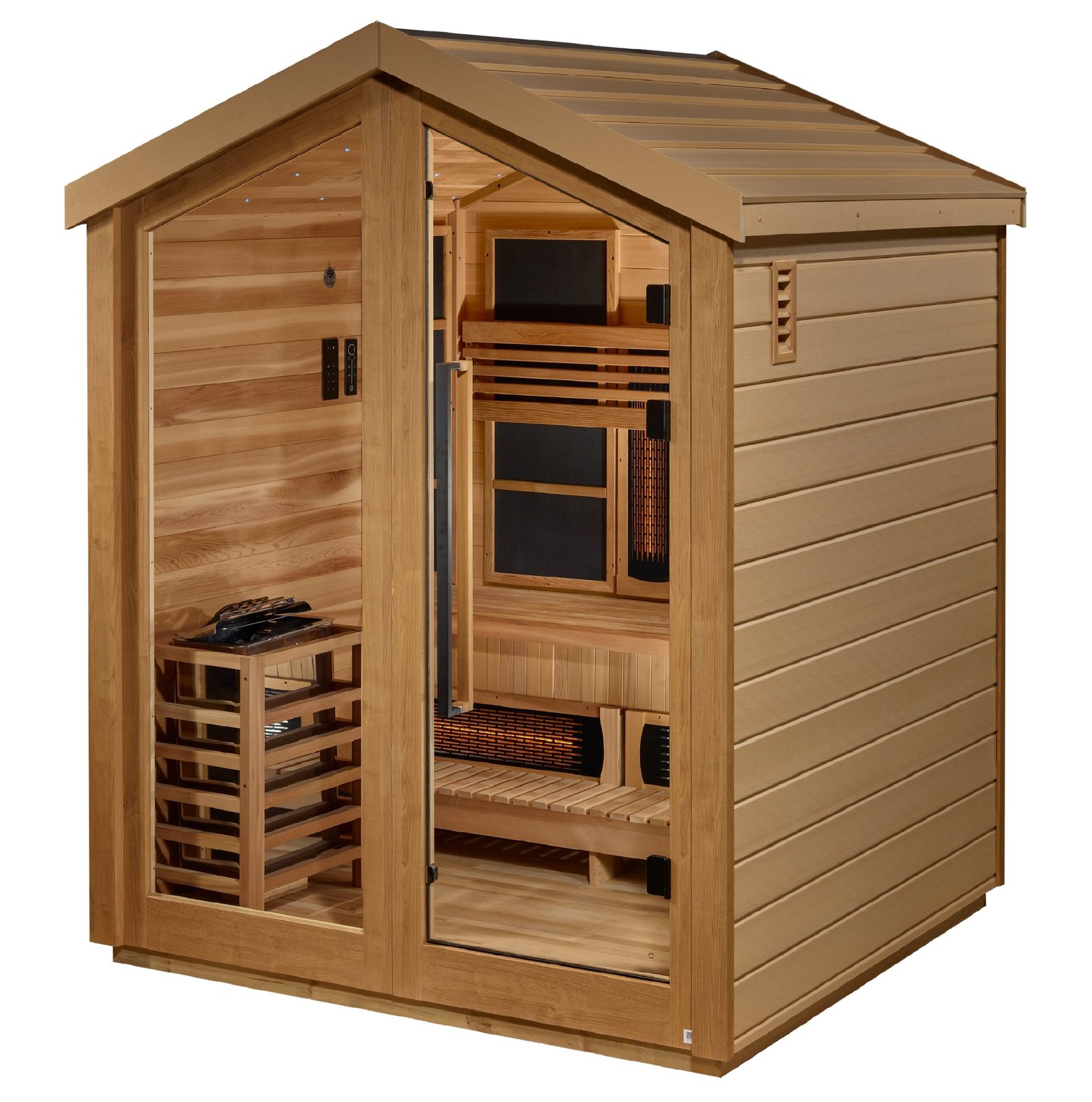 Loviisa hybrid sauna exterior with all-weather finish and barn-style roof