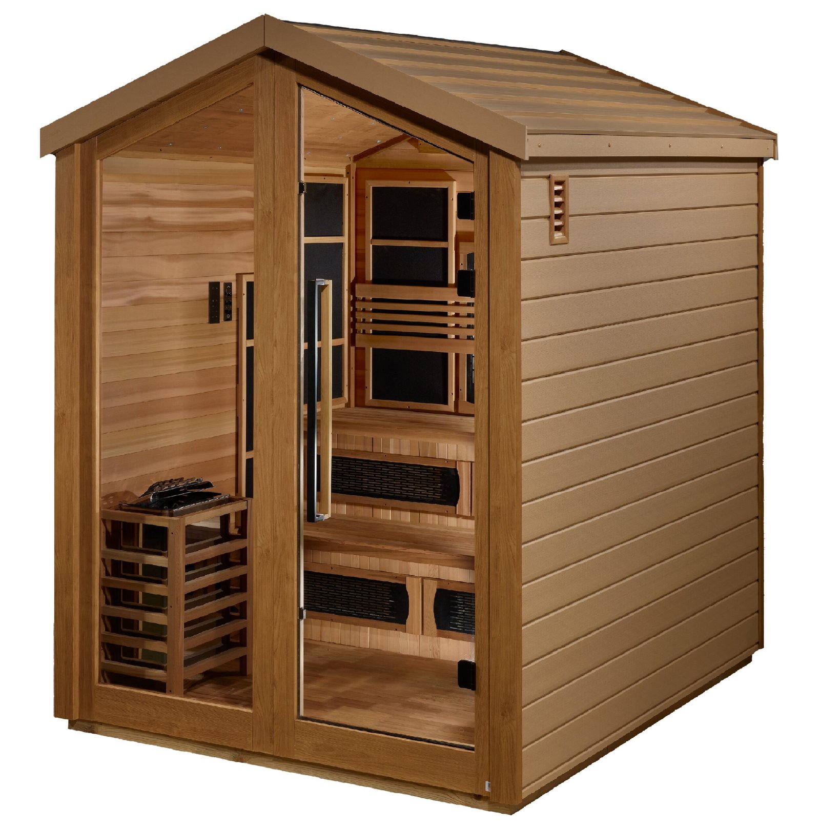 Kaskinen hybrid sauna exterior with all-weather finish and barn-style roof