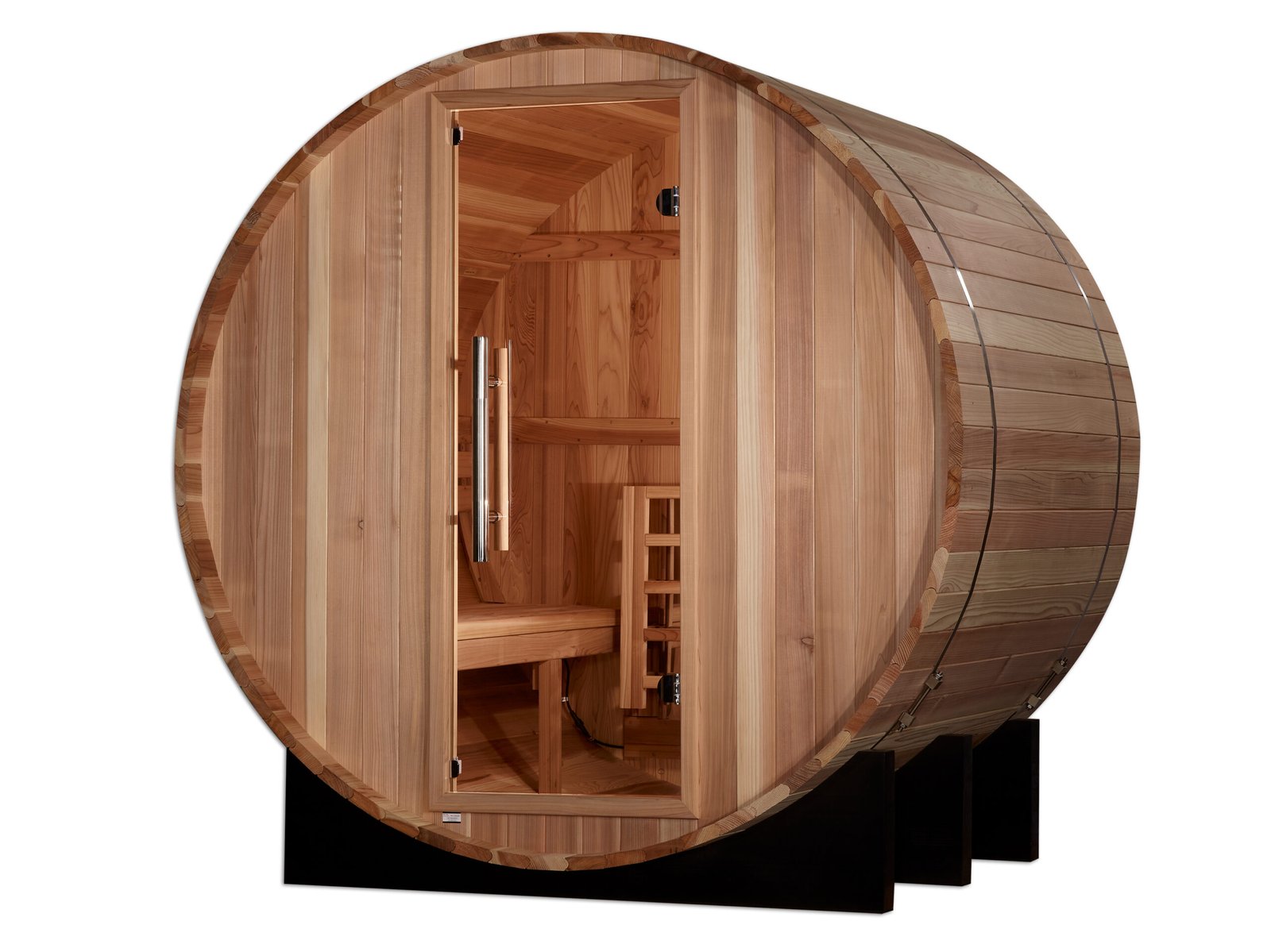 Klosters barrel sauna outdoor profile in Pacific cedar