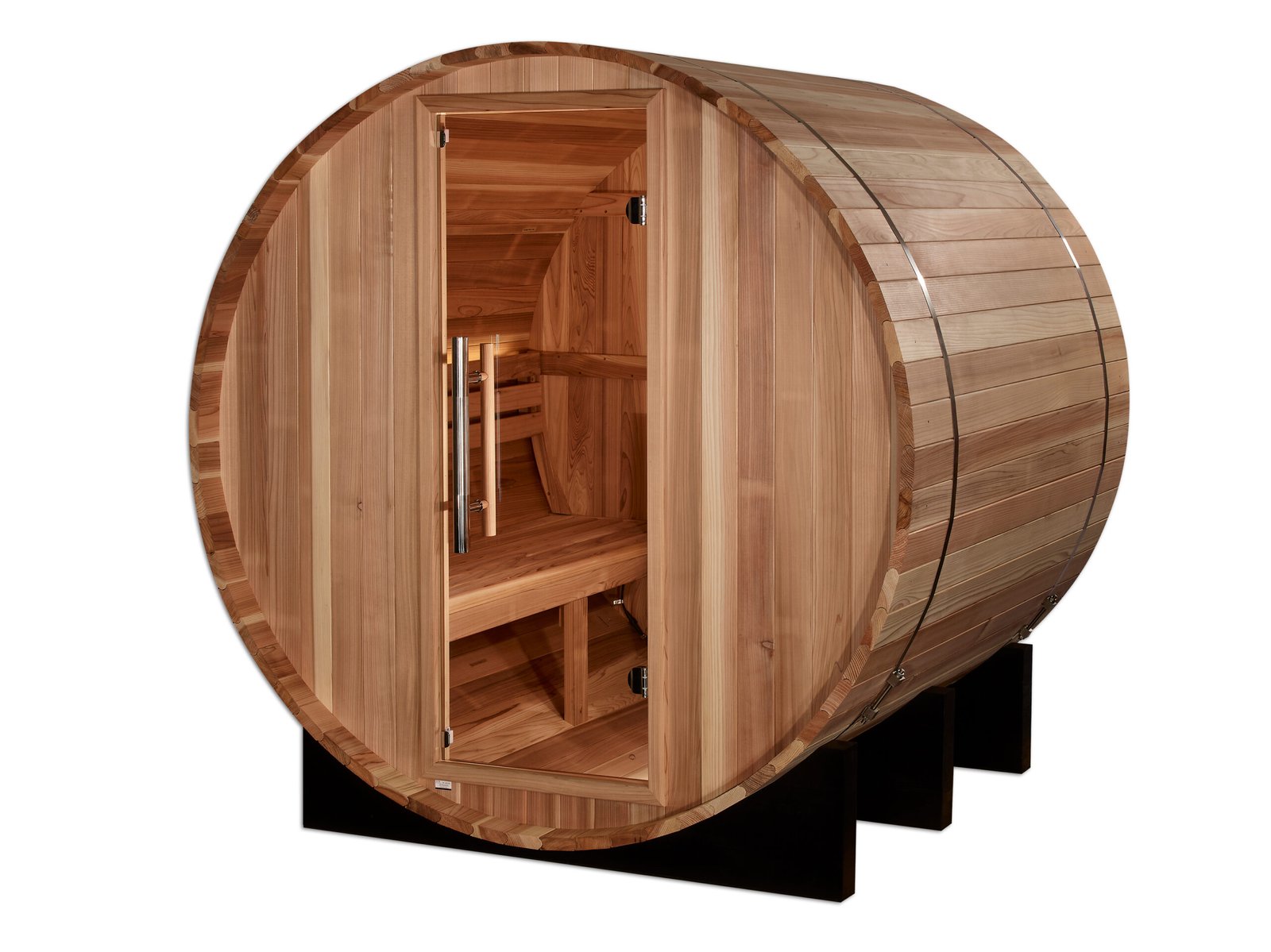 Klosters barrel sauna outdoor profile in Pacific cedar