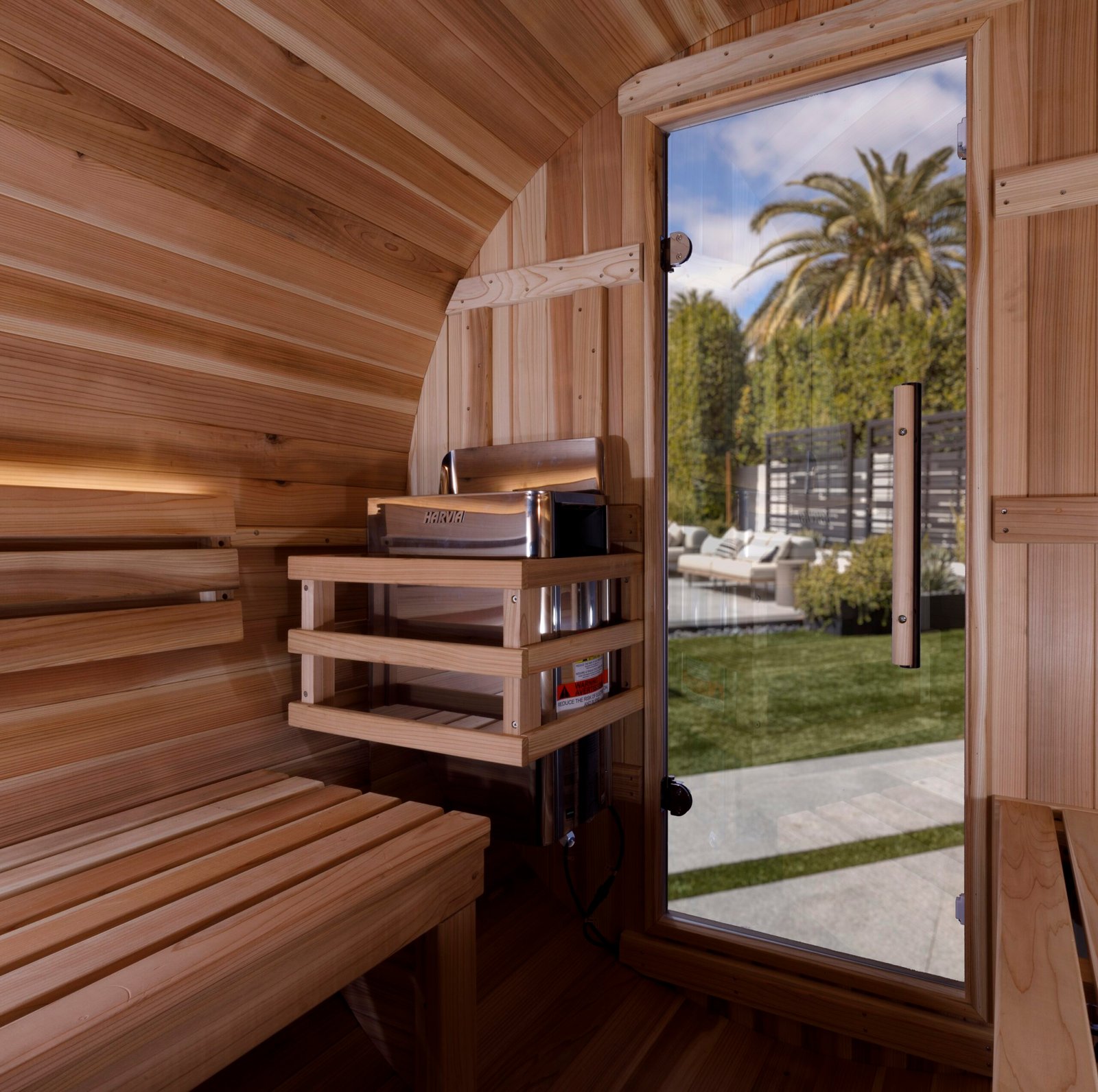 Zurich barrel sauna interior seating for four with backrest light
