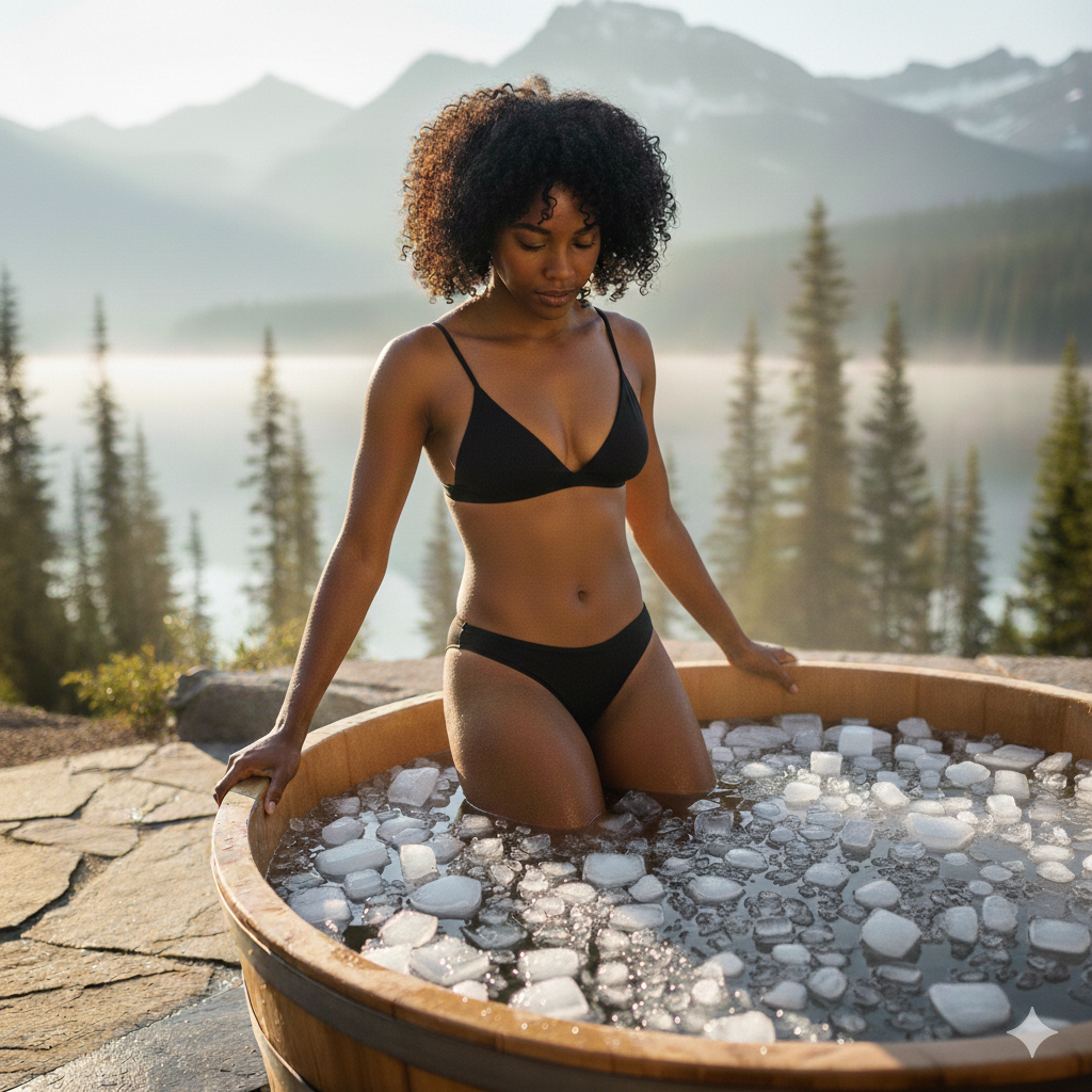 women getting into a cold plunge tub