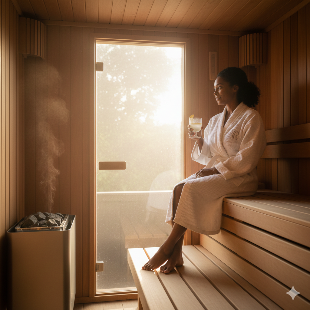 A wide-angle view of a premium cedar sauna interior where natural morning sunlight is streaming through a glass door or window.